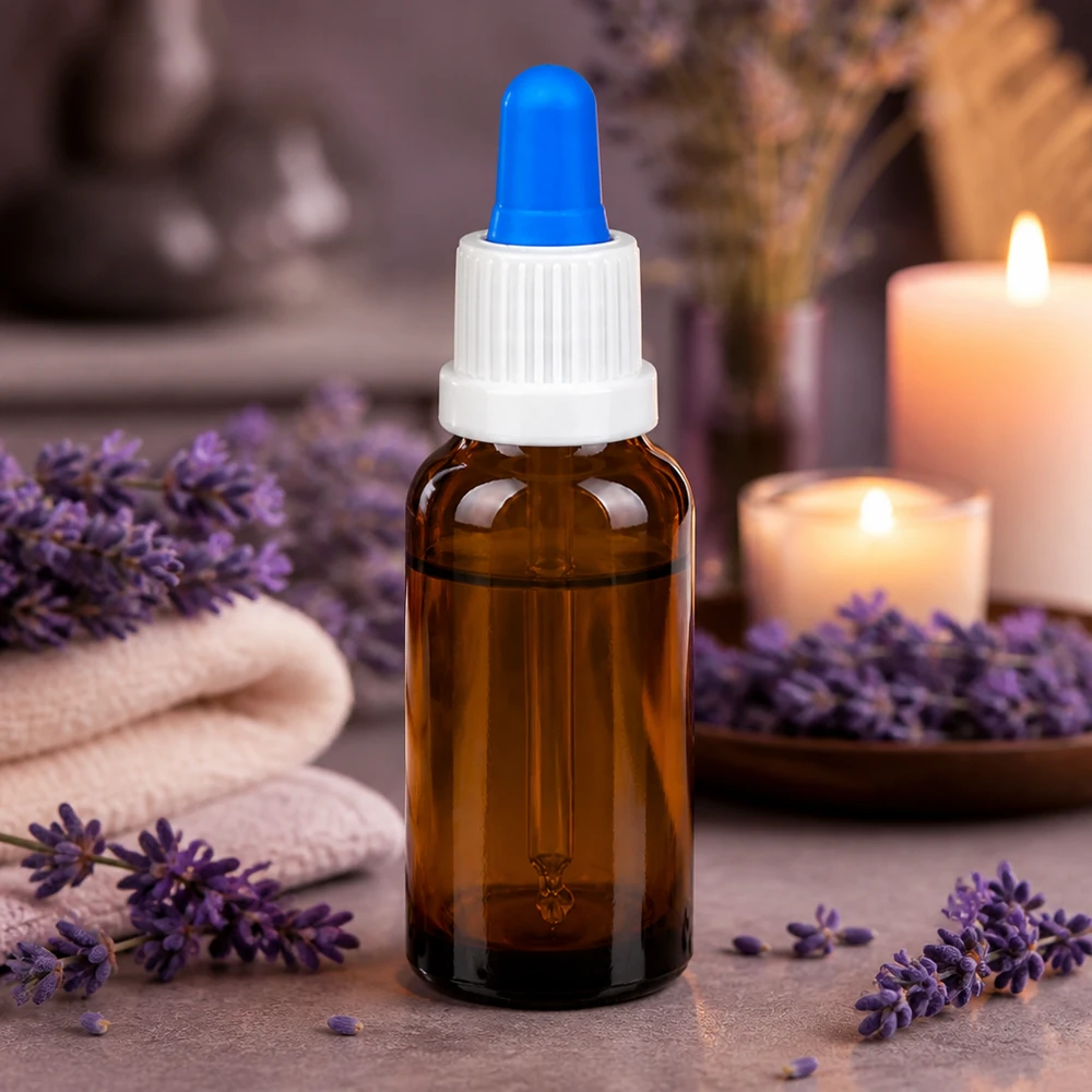 Butelka z pipetą 20 ml biała/niebieska OV BrownLine UT18/20 Butelka z bursztynowego szkła o pojemności 20 ml z niebieską końcówką, idealna do olejków eterycznych i aromaterapii.
