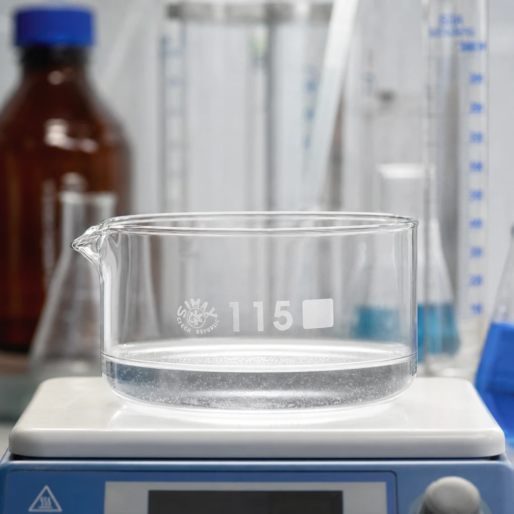 Naczynie do krystalizacji 500 ml z borokrzemianową wylewką Pusta miska krystalizacyjna SIMAX o pojemności 500 ml na mieszadle magnetycznym w laboratorium, ze szkła borokrzemowego, ø 115 mm