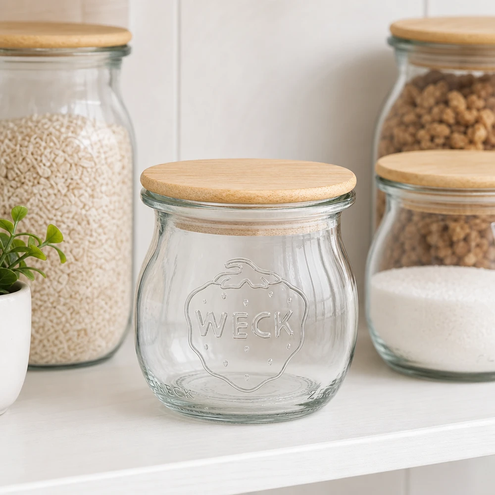 Słoik tulipanowy 75 ml WECK RR40 z drewnianą pokrywką Słoik WECK tulipan 75ml RR40 z bambusową pokrywką w stylowym wnętrzu kuchennym obok wypełnionych słoików do przechowywania