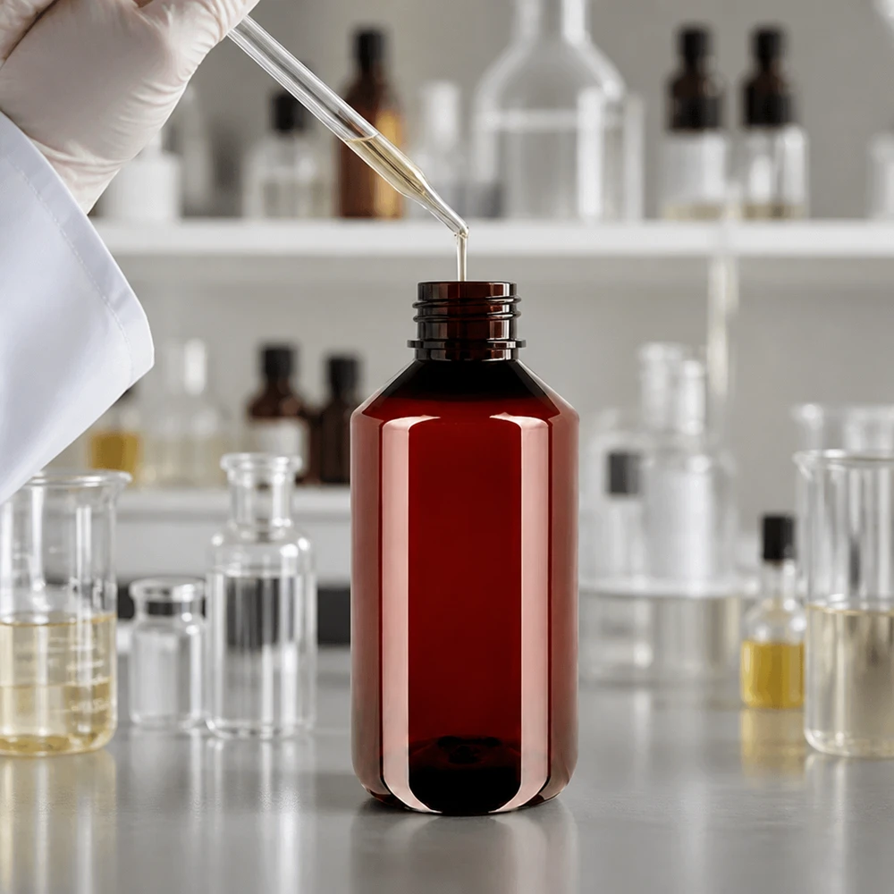 Laborant napełnia szklaną pipetą płyn do bursztynowej butelki PET o pojemności 750 ml