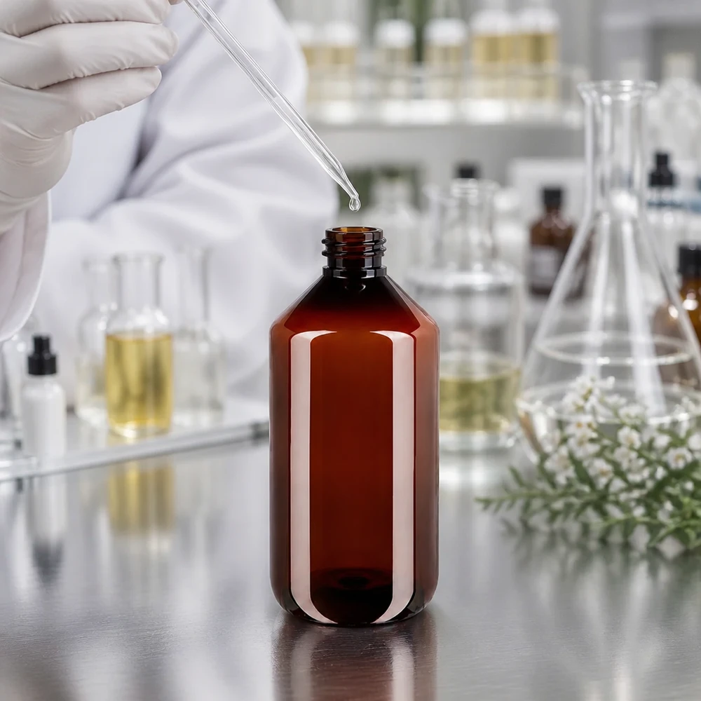 Butelka PET 500ml z nakrętką odgazowującą czerwona Laborant napełnia brązową butelkę PET o pojemności 500 ml za pomocą pipety w profesjonalnym laboratorium
