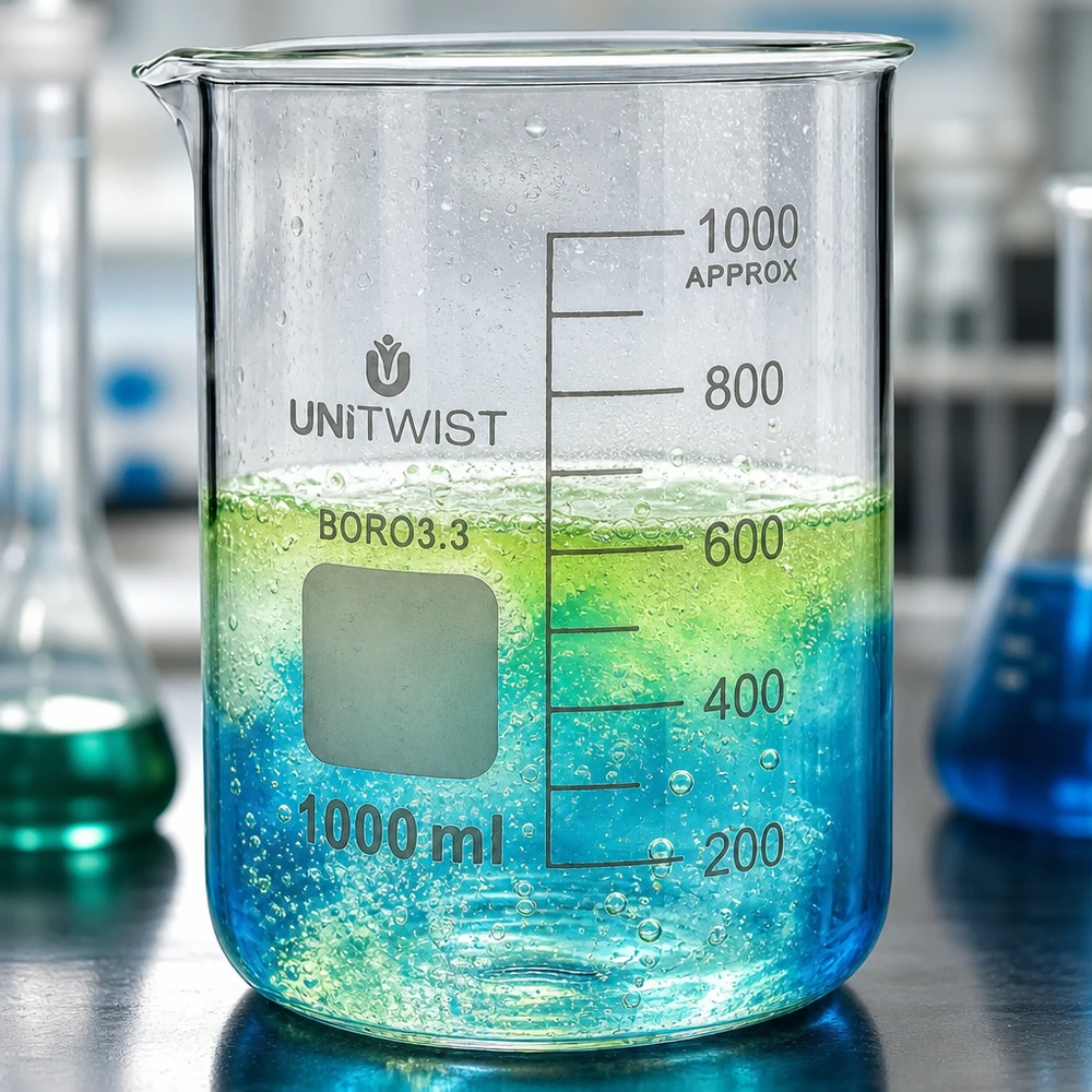 Zlewka 1000 ml borokrzemianowa, niski kształt UNiTWIST Szklanka laboratoryjna UNiTWIST o pojemności 1000 ml, wykonana ze szkła borokrzemowego, z niebiesko-zieloną cieczą i pęcherzykami powietrza w laboratorium