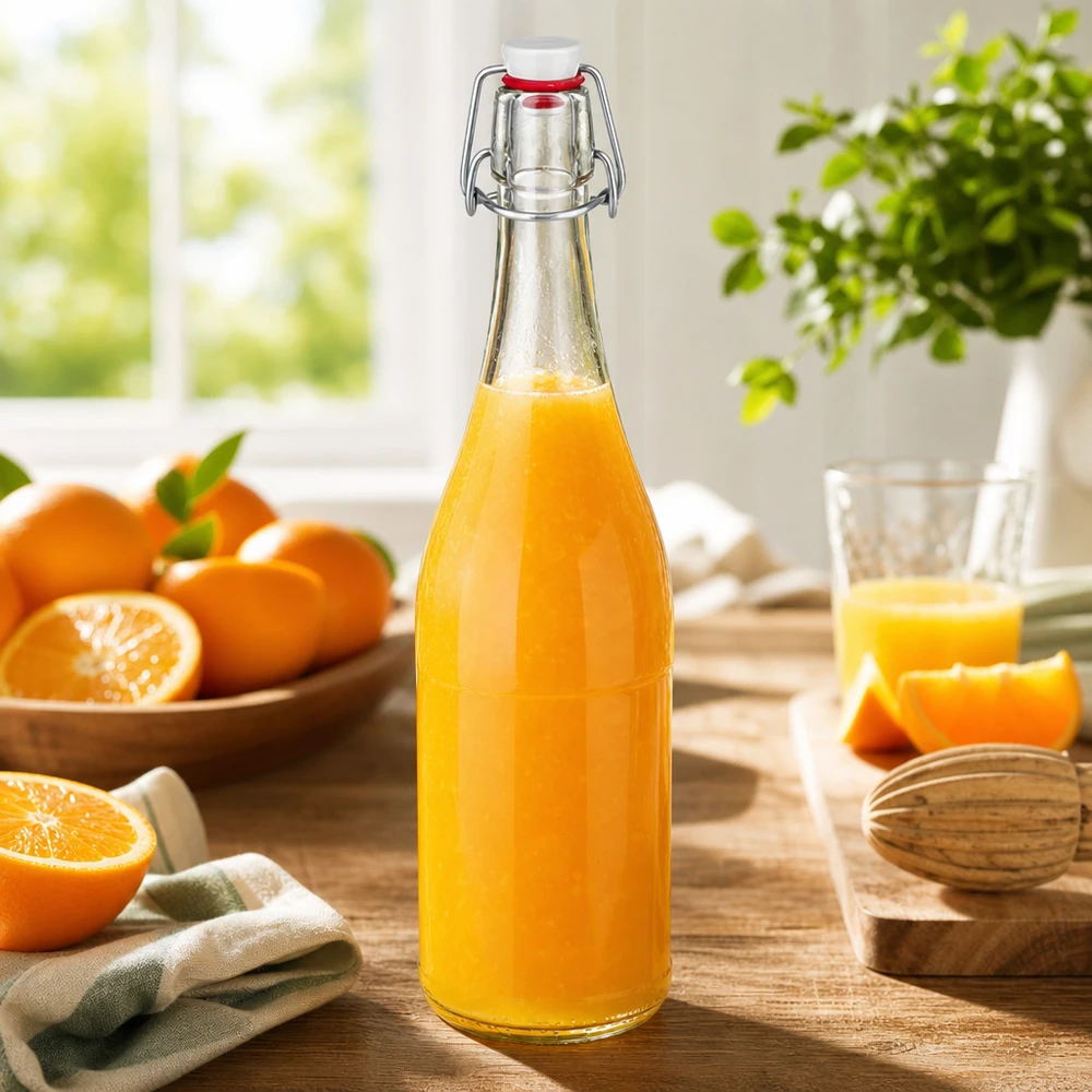 750ml Glasflasche Bügelverschluss mit Orangensaft befüllt Sonnenlicht Frühstückstisch frische Orangen vitaminreich