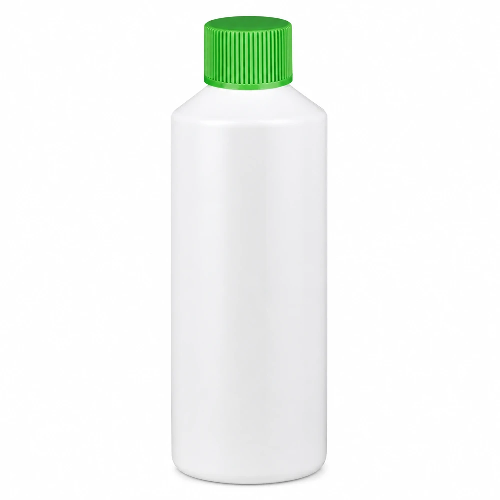 Butelka apteczna z HDPE, 100 ml, biała, z zieloną zakrętką, wykonana z tworzywa sztucznego dopuszczonego do kontaktu z żywnością