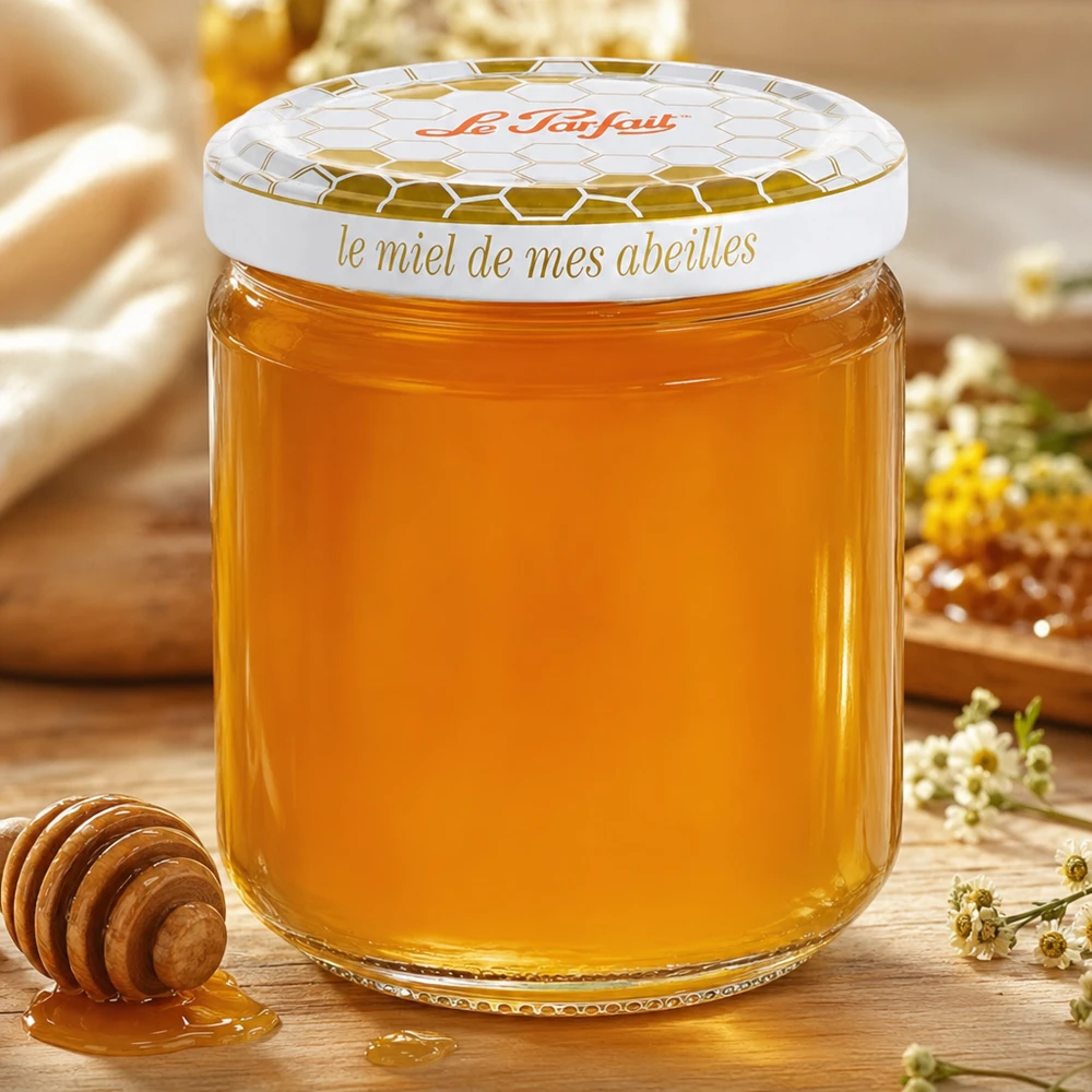 Słoik do przechowywania miodu Le Parfait 212 ml wypełniony złotym miodem obok łyżki miodu i rumianku na drewnianym stole