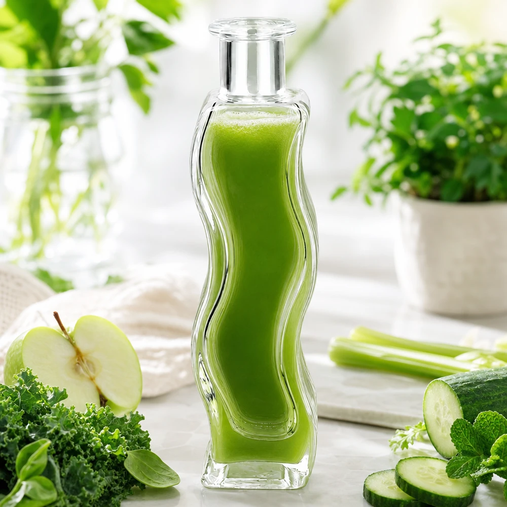 100 ml szklana butelka Melissy wypełniona zielonym smoothie otoczona warzywami, jabłkiem, ogórkiem i ziołami na białym drewnianym stole
