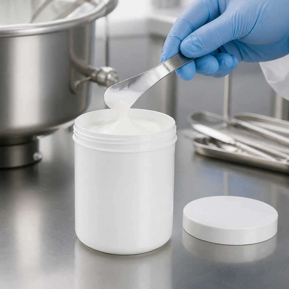 Duży słoik na maść 1000 g, biały, z tworzywa PP, z łopatką do napełniania w laboratorium farmaceutycznym