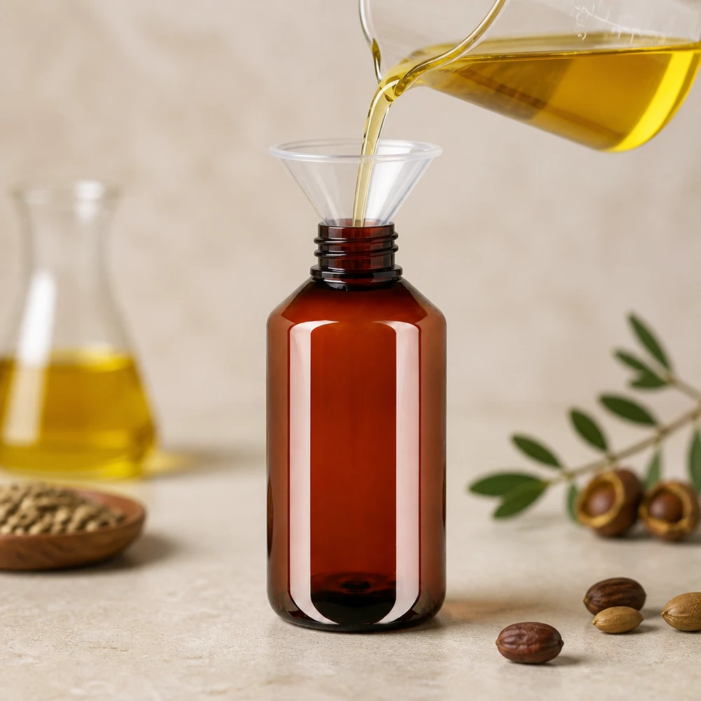 Butelka PET 500ml z białą nakrętką OV + kubek Transparente Trichter Befüllung bernsteinfarbene 500ml PET Flasche Jojoba Arganöl Kosmetik