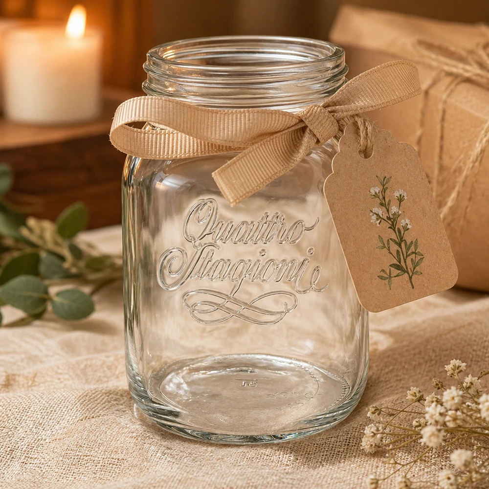 Szklanka do użytku domowego "Quattro Stagioni" o pojemności 2000 ml Elegantes 2000ml Quattro Stagioni Einmachglas mit Schleifenband und Anhänger für Küche und Dekoration