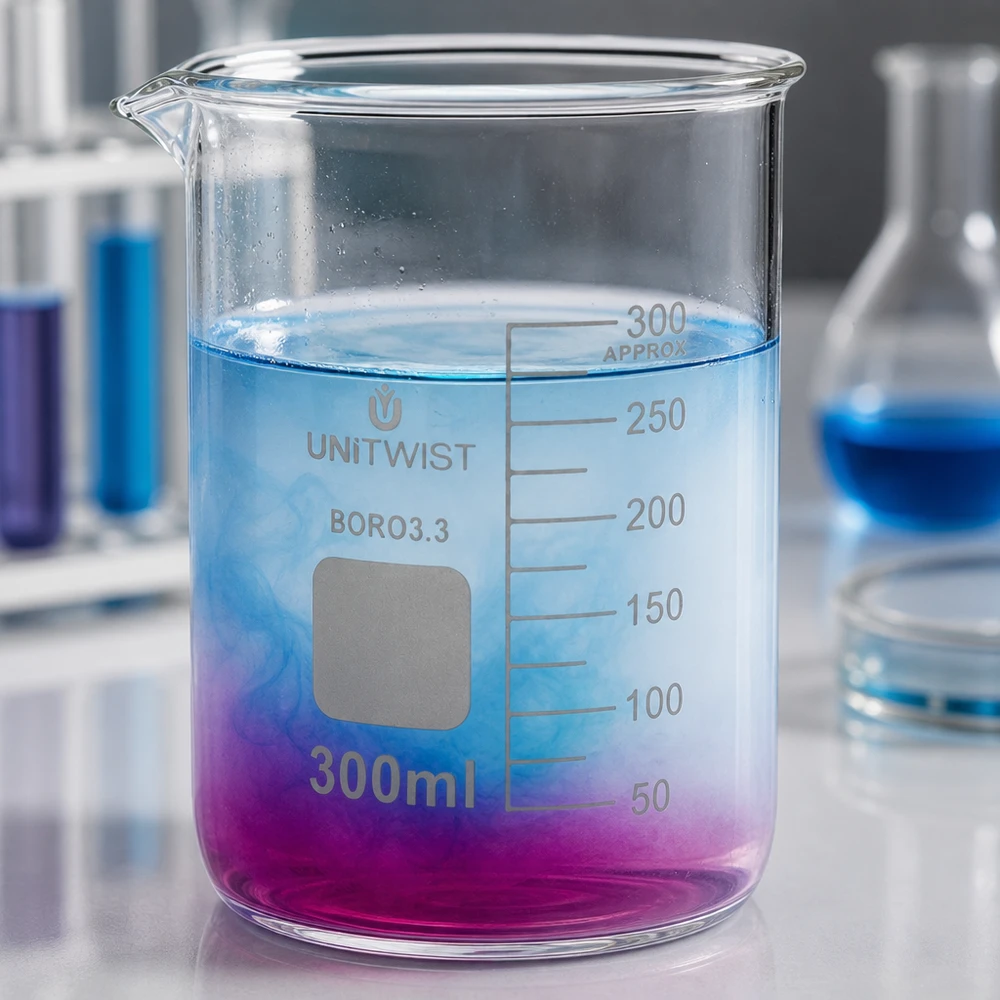 Zlewka 300 ml borokrzemianowa, niski kształt UNiTWIST Szklana zlewka borokrzemianowa o pojemności 300 ml, o niskim profilu, z niebiesko-fioletowym gradientem kolorystycznym, przeznaczona do zastosowań laboratoryjnych