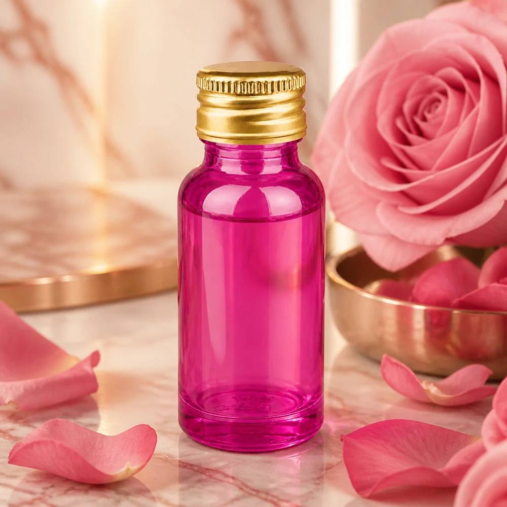 Butelka 20ml 11mm zakręcana aluminiowa złota standardowa PurpleLine. UT18/20 Mała butelka 20 ml w kolorze fioletowym ze złotą aluminiową zakrętką, idealna do kosmetyków i perfum.