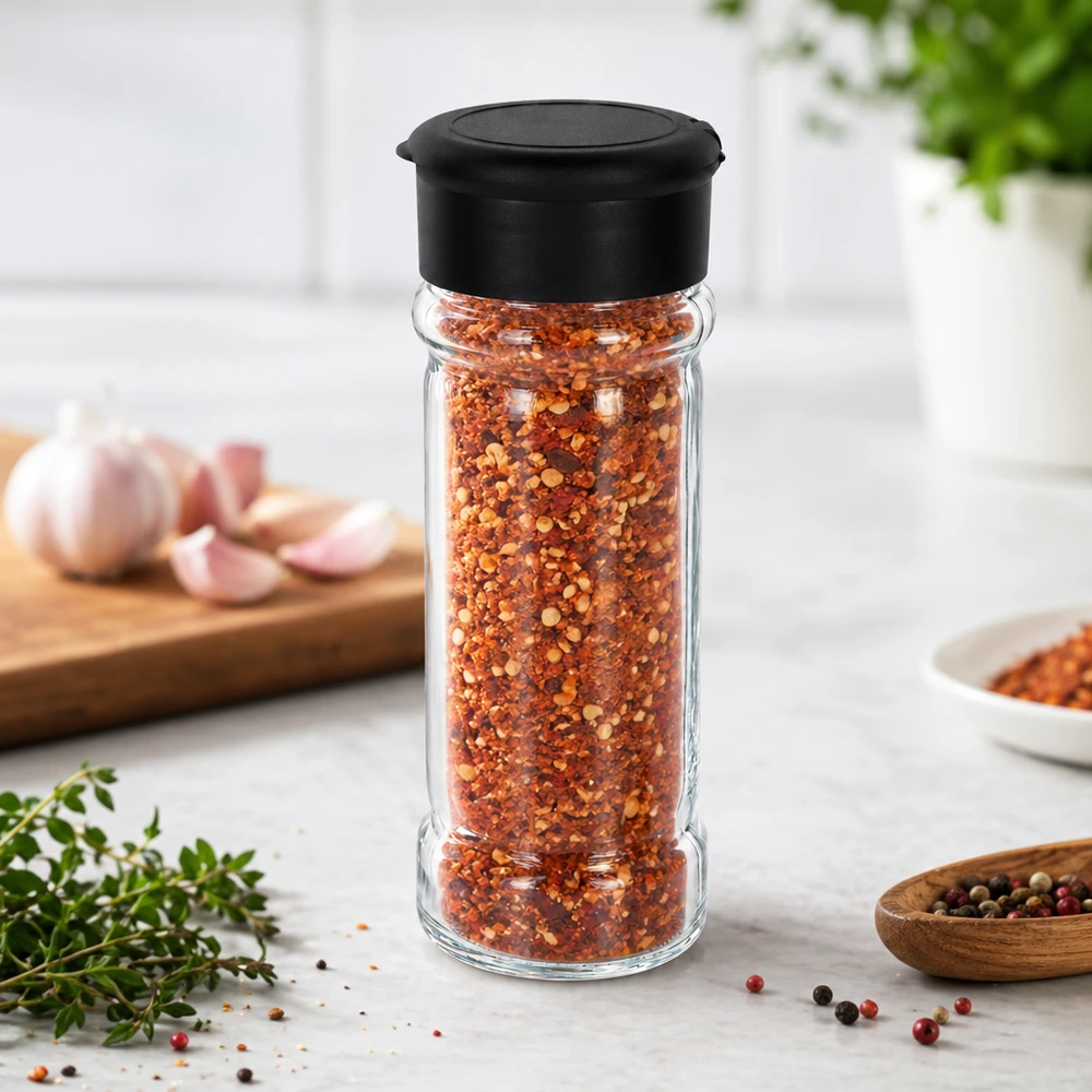 Słoik na sól/przyprawy 100 ml z dozownikiem, czarny Słoik z płatkami chili (100 ml) z czarną pokrywką z dozownikiem obok świeżych ziół i czosnku