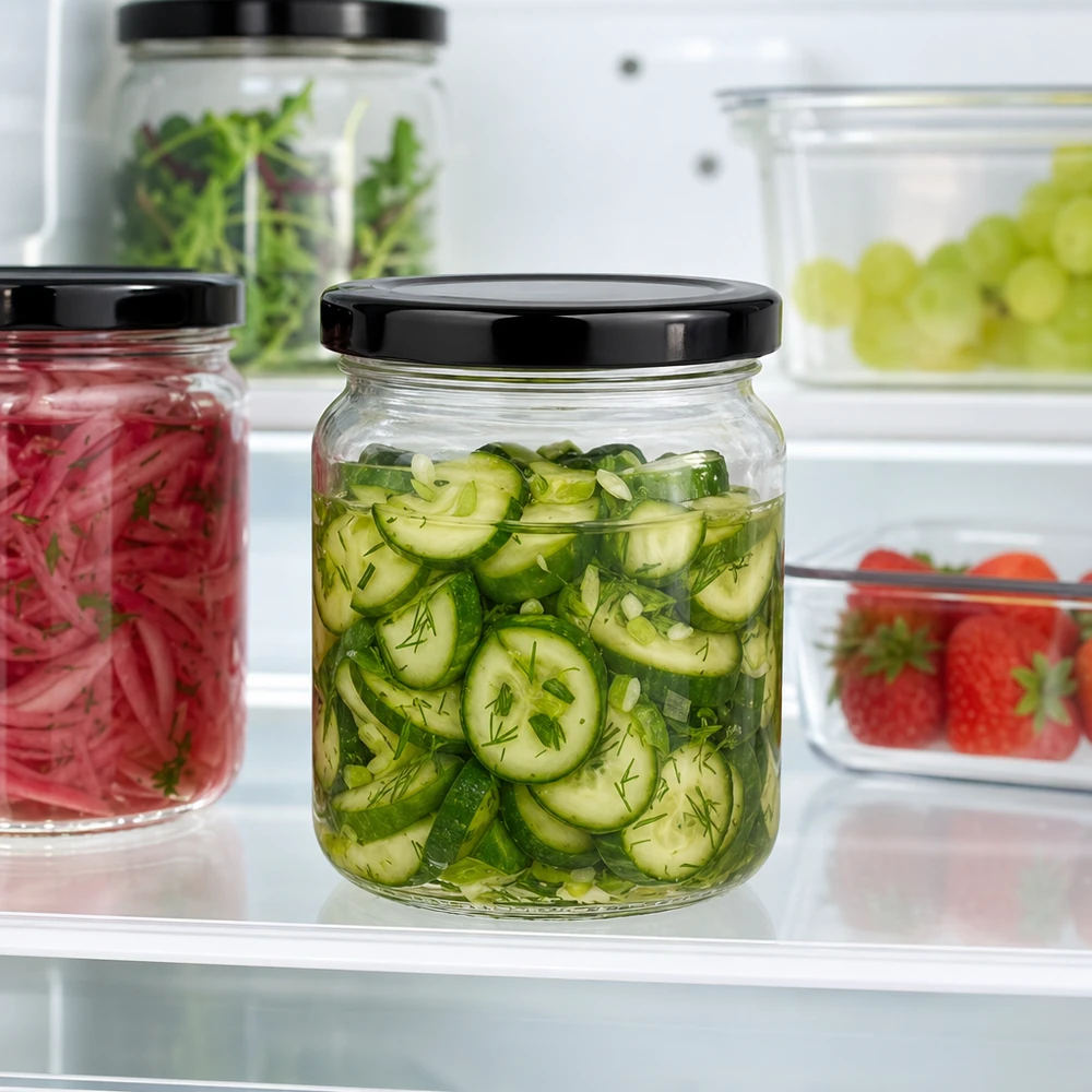 Szklanka okrągła 53 ml z pokrywką BasicSeal czarna UN.. 53ml Rundglas mit schwarzem Deckel gefüllt mit eingelegten Gurken im Kühlschrank frische Konservierung Pickles