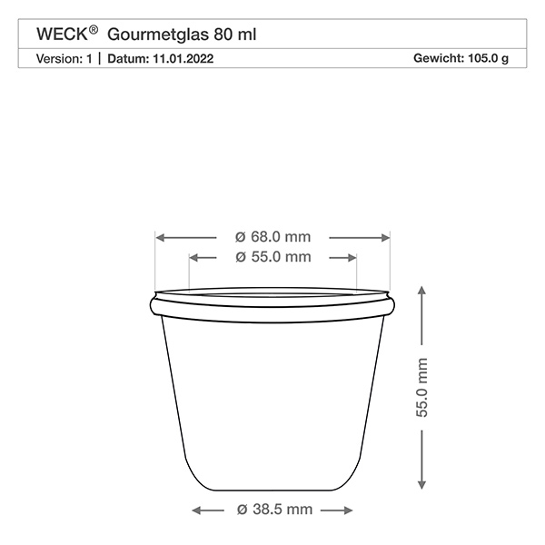 Słoik dla smakoszy 80 ml WECK RR60 Rysunek techniczny 80ml słoika WECK gourmet RR60 o wymiarach - średnica 68mm, wysokość 55mm, waga 105g