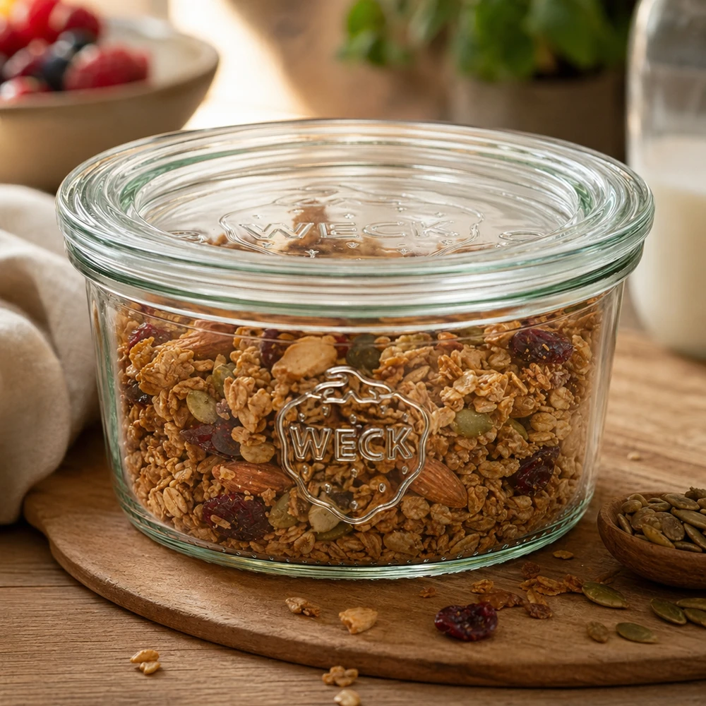 Kubki o pojemności 165 ml ze szklaną pokrywką WECK RR80 Słoik WECK 165ml RR80 wypełniony musli i suszonymi owocami na okrągłej drewnianej desce do idealnego przechowywania.