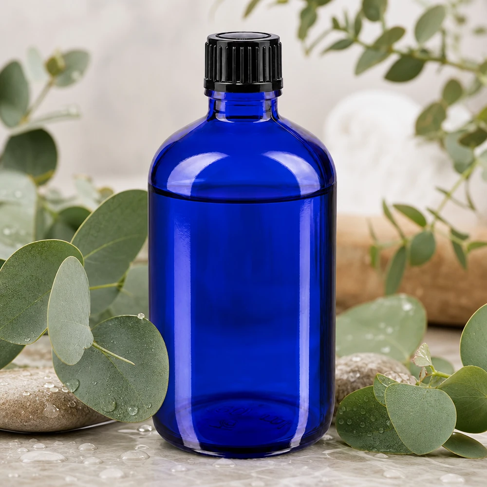 Butelka apteczna niebieska 100ml kroplówka v. 1mm czarny szt Szklana butelka o pojemności 100 ml w kolorze kobaltowym z czarną nakładką z kroplomierzem, otoczona świeżymi gałązkami eukaliptusa