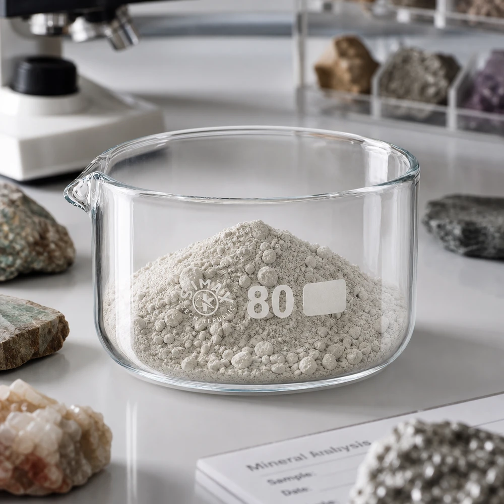 Miska do krystalizacji o pojemności 150 ml z szarym proszkiem mineralnym na białym blacie laboratoryjnym, otoczona próbkami skał o średnicy 80 mm
