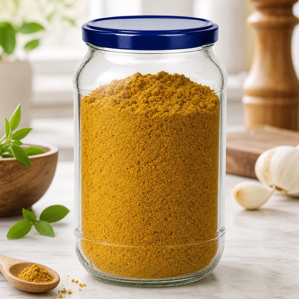 Słoik okrągły 1062 ml + pokrywka BasicSeal niebieska UNiTWIST 1062 ml okrągły słoik z pokrywką BasicSeal niebieski UNiTWIST wypełniony przyprawą curry w proszku Słoik na przyprawy Kitchen scene
