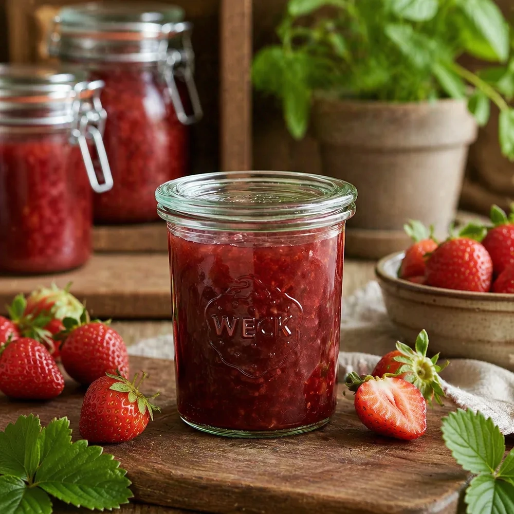 Szklanka o pojemności 160 ml z szklaną pokrywką WECK RR60 Słoik WECK RR60 160 ml wypełniony domowym dżemem truskawkowym, otoczony świeżymi truskawkami na drewnianym stole