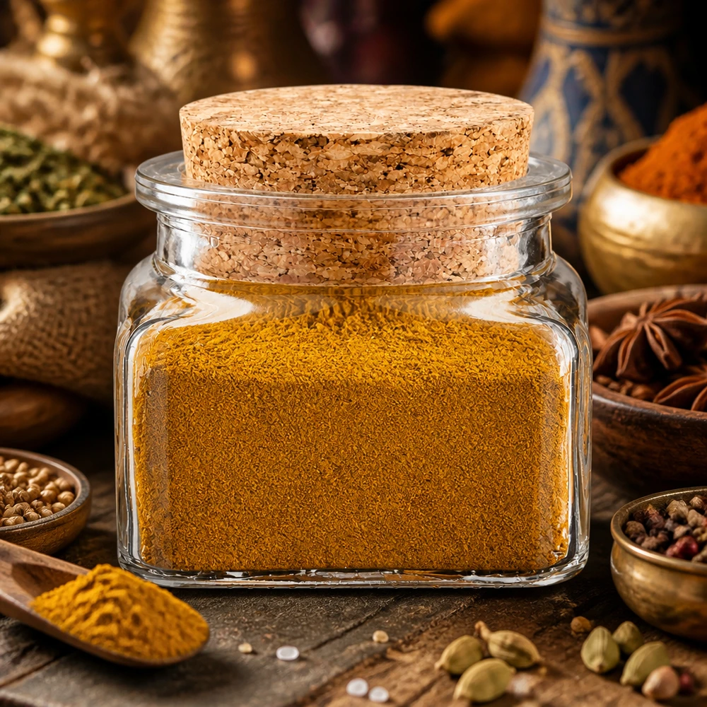 Słoik na przyprawy „Quadratus” 120 ml, przezroczysty, z korkowym zamknięciem, wypełniony żółtą curry w proszku