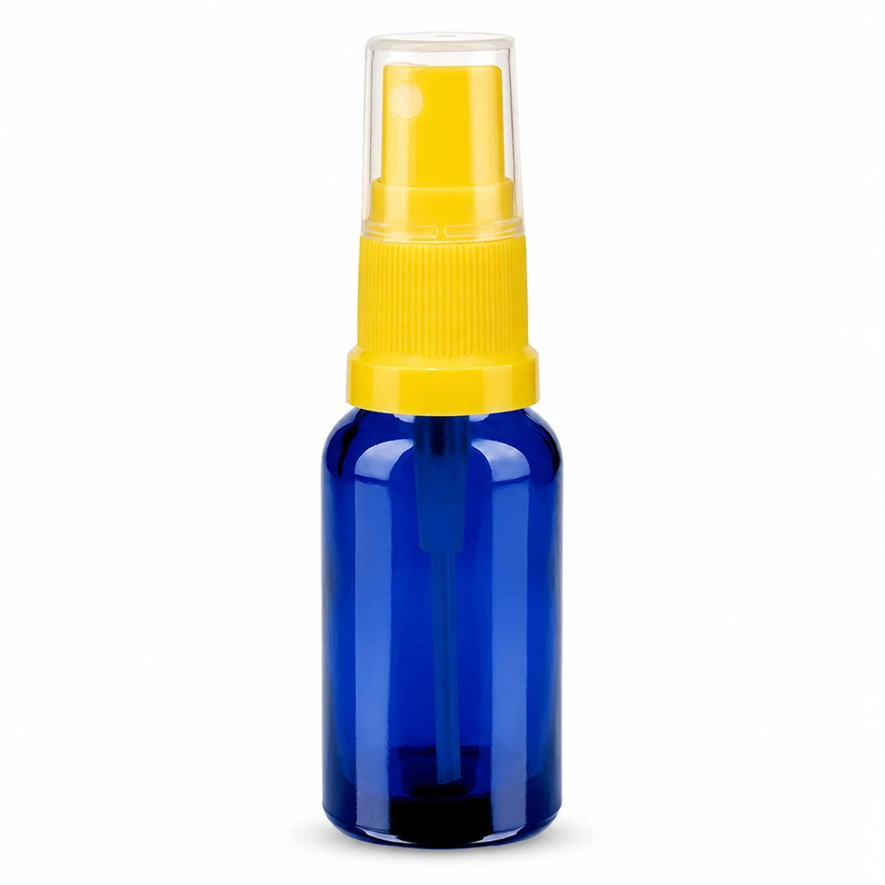 Przezroczysta butelka z rozpylaczem 20 ml w kolorze niebieskim z żółtą głowicą rozpylającą STD BlueLine UT18/20