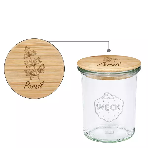Drewniana pokrywka „Persil” z szklanym wkładem WECK 160 ml Drewniana pokrywka „Persil” z szklanym wkładem WECK 160 ml