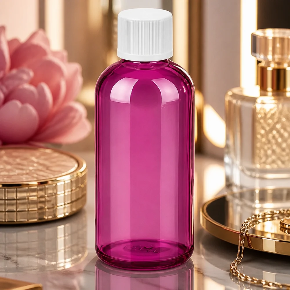 Butelka 100ml 11mm z białą zakrętką PurpleLine z zabezpieczeniem przed dziećmi. UT18/100 Wysokiej jakości plastikowa butelka 100 ml w kolorze fioletowym z gwintem UT18 do profesjonalnych produktów kosmetycznych