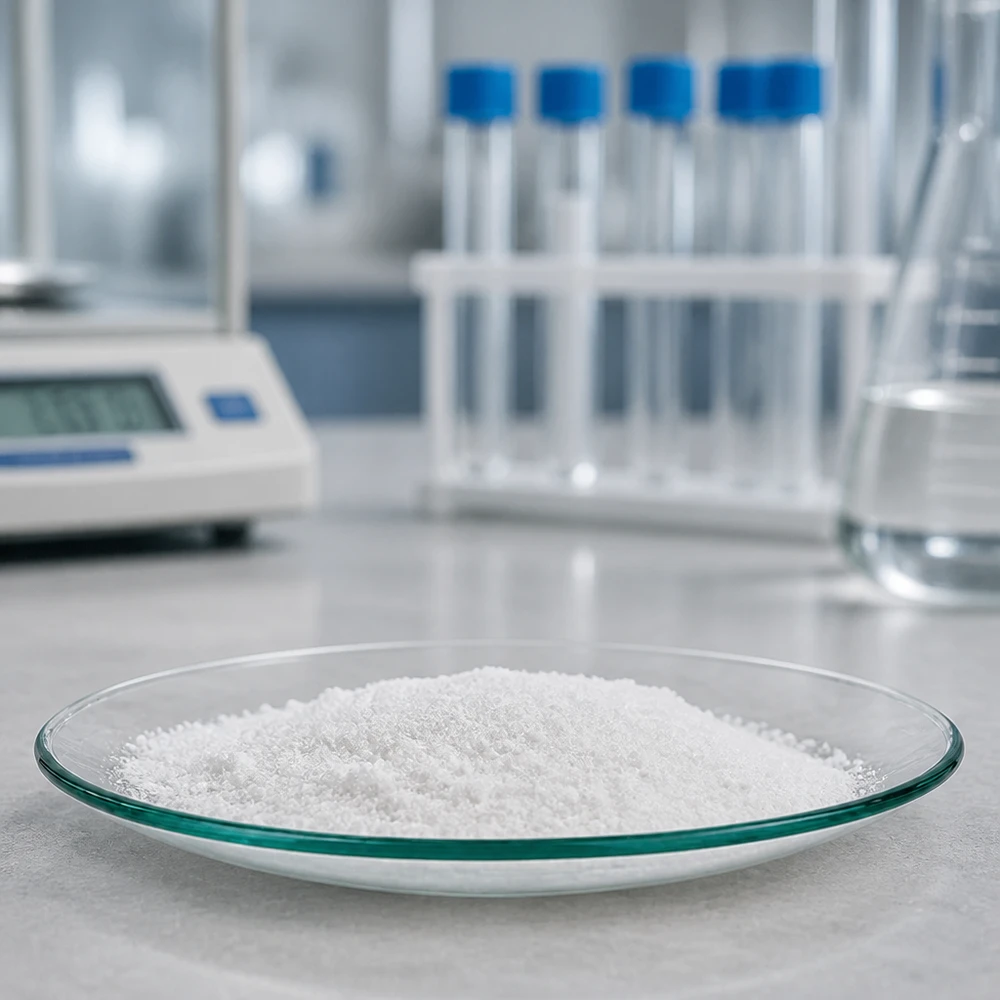 Szklane naczynie zegarowe Ø 90 mm z białym proszkiem w sterylnym środowisku laboratoryjnym ze sprzętem laboratoryjnym w tle