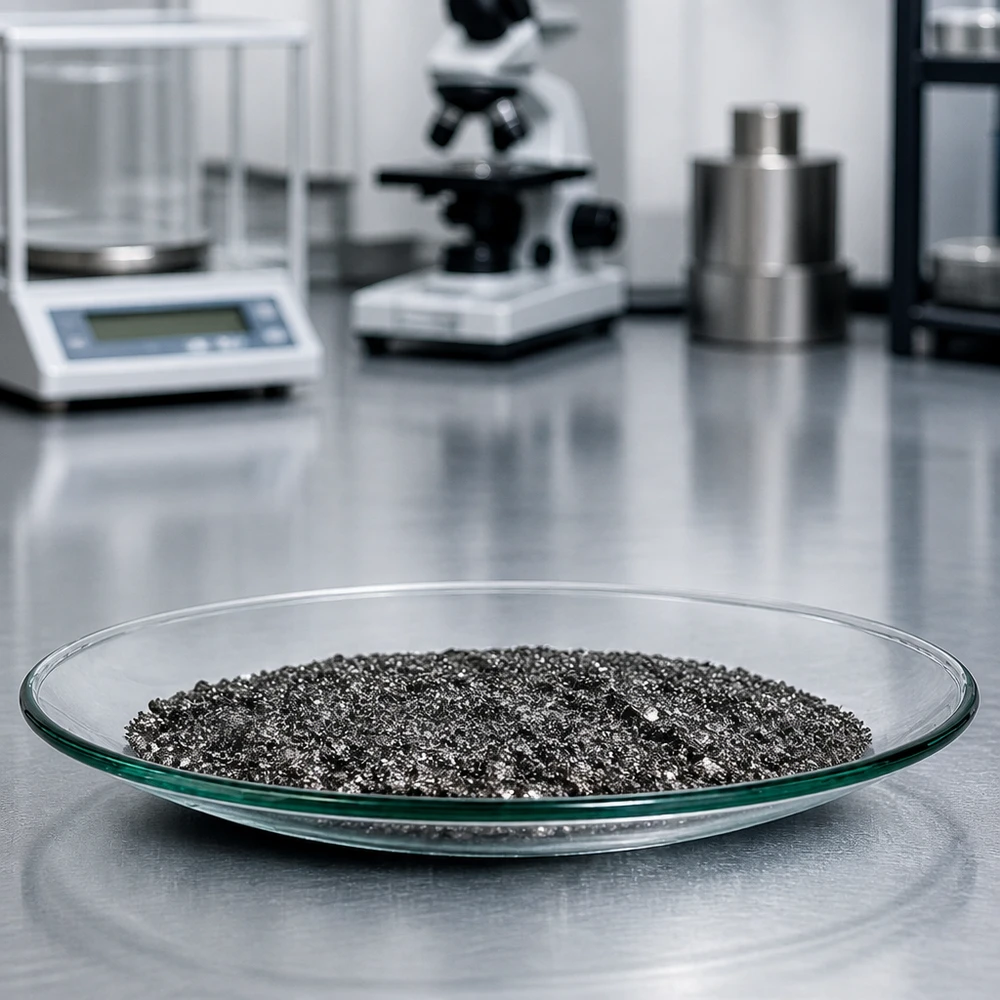 Szklane naczynie zegarkowe 110 mm z ciemnym materiałem próbki na odblaskowej powierzchni laboratoryjnej ze stali nierdzewnej