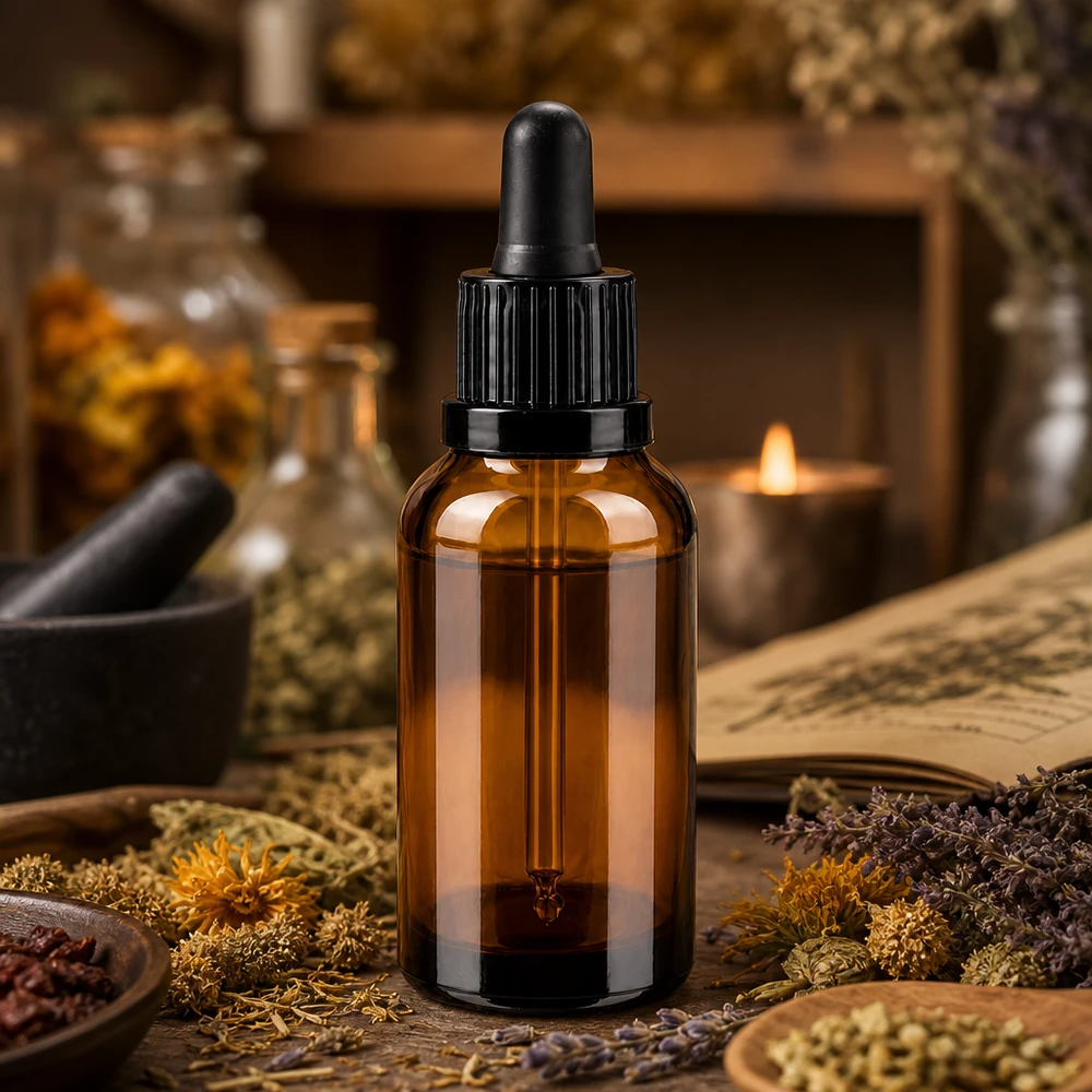 Wysokiej jakości butelka z zakraplaczem o pojemności 30 ml wykonana z bursztynowego szkła chroniącego przed promieniowaniem UV z ergonomiczną czarną zakrętką.
