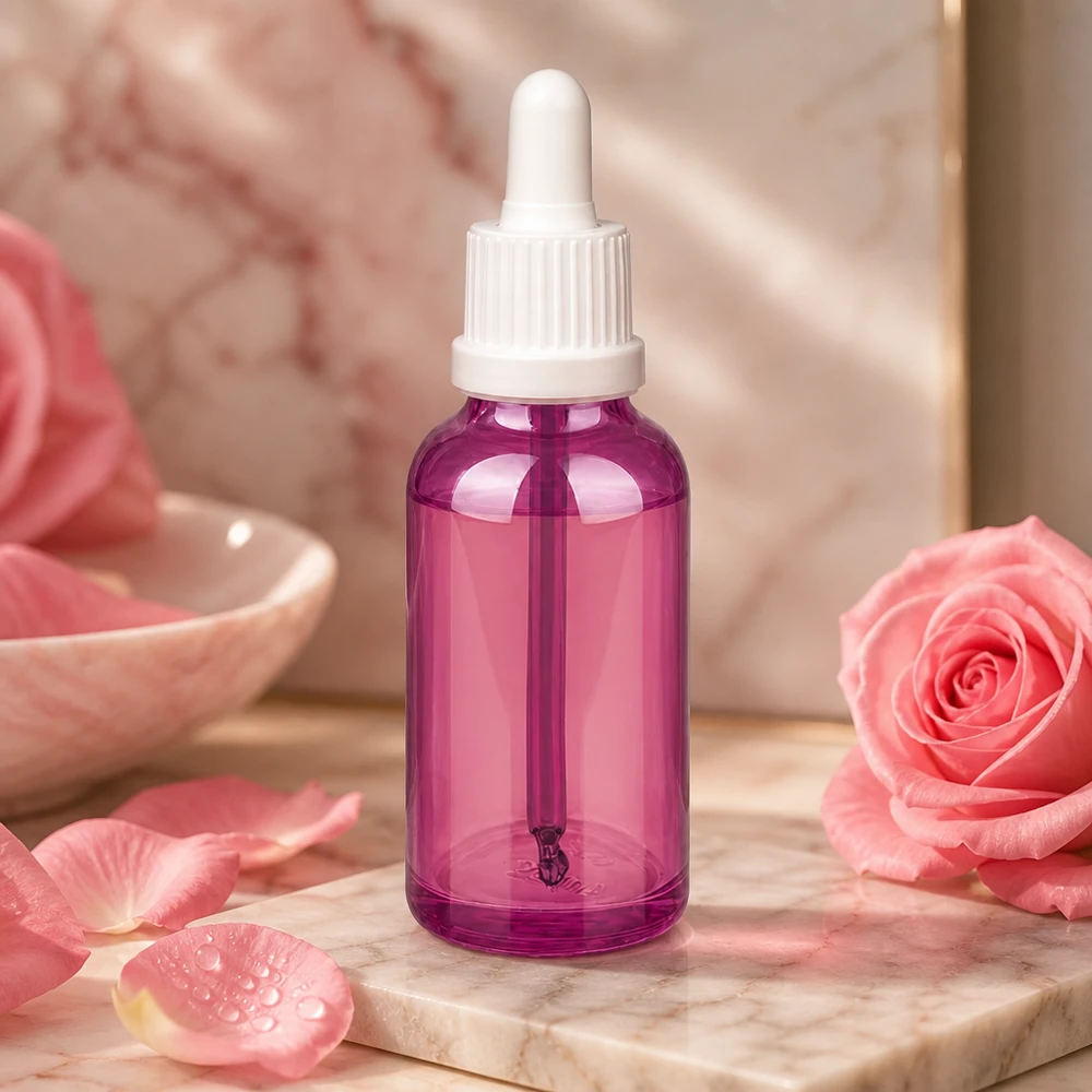 Butelka z pipetą 30 ml w eleganckim fioletowym kolorze z praktycznym zakraplaczem do kosmetyków