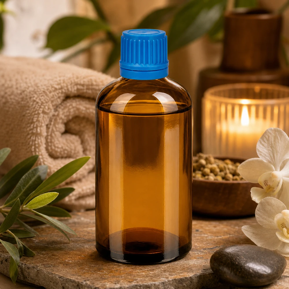 Wysokiej jakości szklana butelka 100 ml w kolorze brązowym z niebieską nakrętką do kosmetyków i wellness
