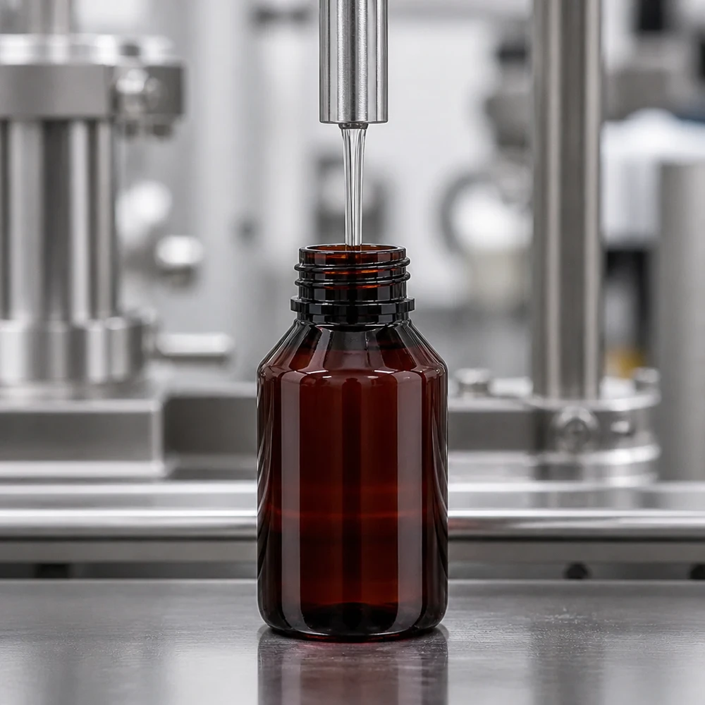 Butelka PET 50 ml z białym standardem OV Przezroczysta butelka PET w kolorze bursztynowym o pojemności 50 ml jest napełniana płynem maszynowo