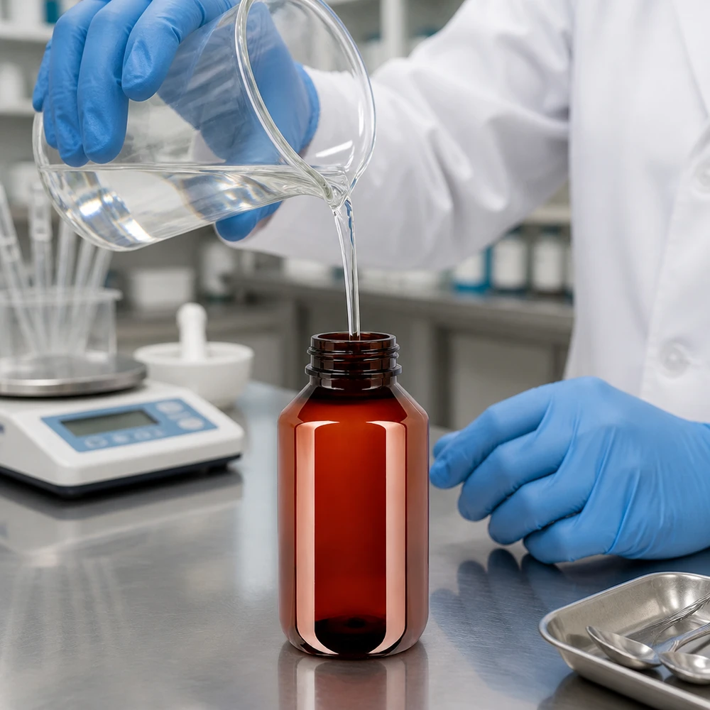 Butelka PET 100ml z niebieską nakrętką OV Laborant, mając na rękach rękawiczki ochronne, profesjonalnie napełnia brązową butelkę PET o pojemności 100 ml za pomocą miarki