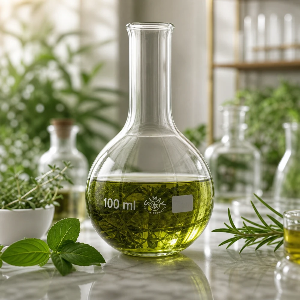 Kolba biodrowa 100 ml z zielonym płynem i ekstraktem roślinnym do botanicznych eksperymentów laboratoryjnych