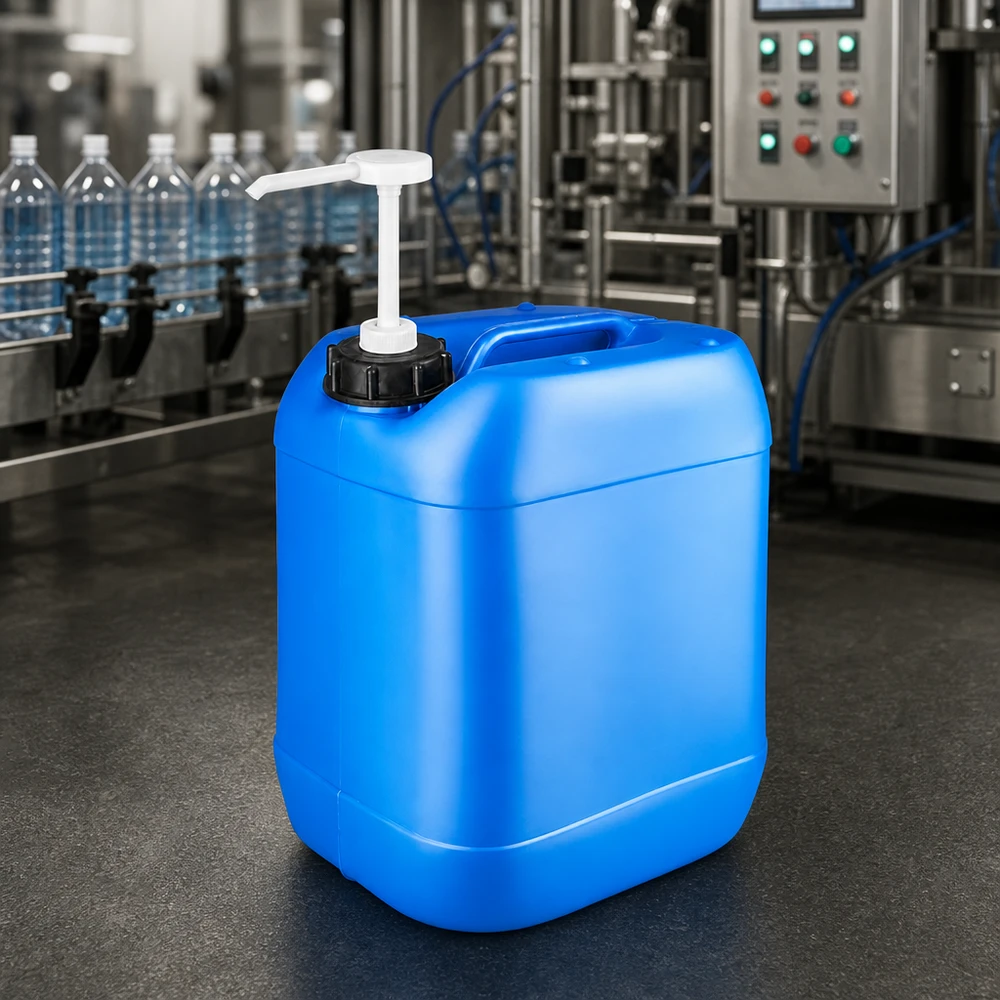 Niebieski kanister przemysłowy o pojemności 20 l z białą pompką przed instalacją rozlewniczą w hali produkcyjnej