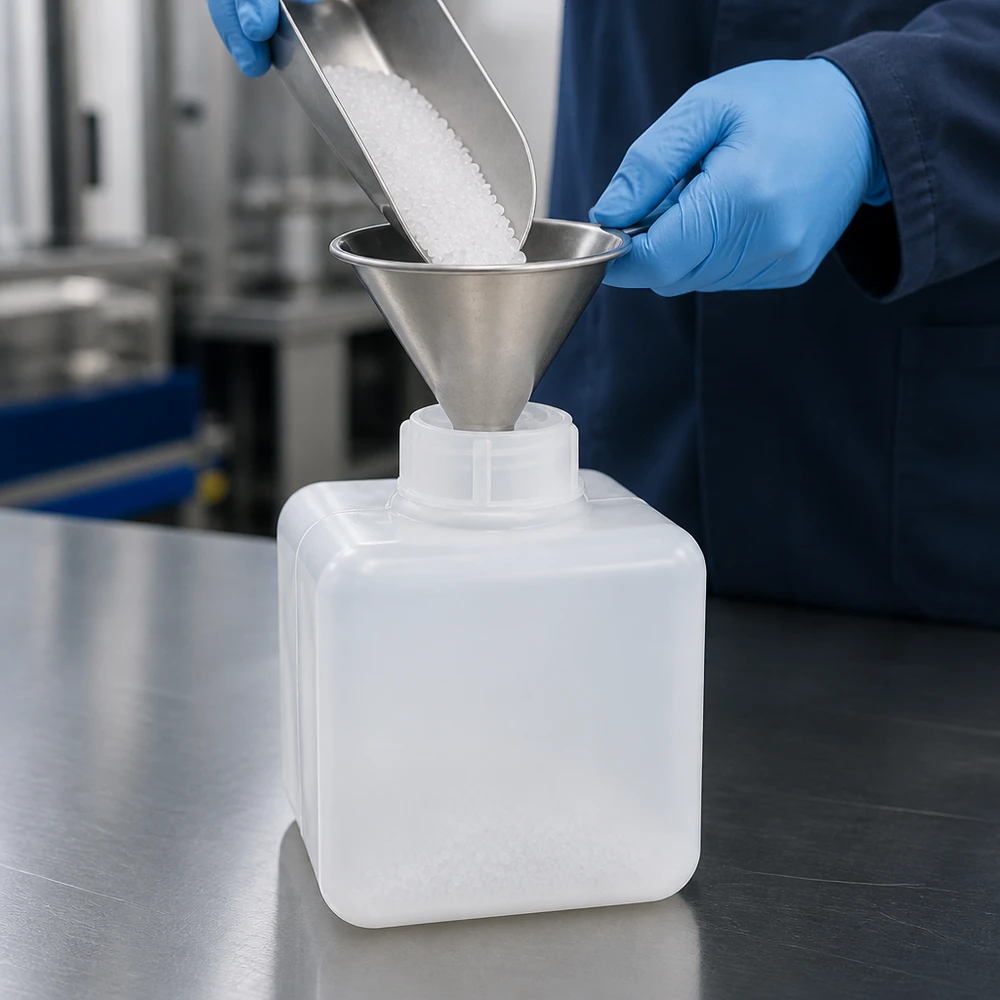 Laborant napełnia białe kulki z tworzywa sztucznego za pomocą metalowego lejka do butelki na chemikalia z PE-HD o pojemności 500 ml