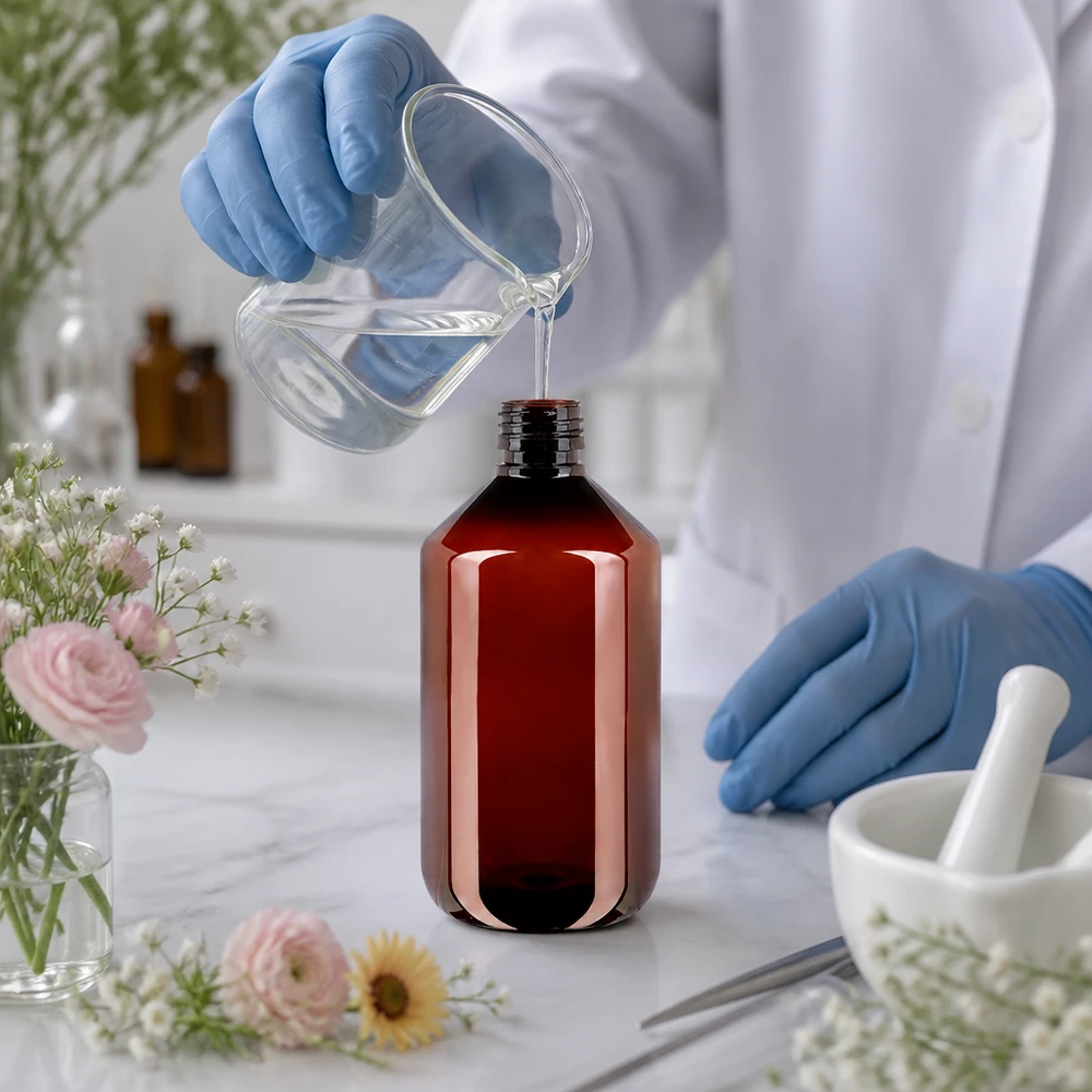 Butelka PET 500ml PP28 bez zakrętki Pustą bursztynową butelkę PET o pojemności 500 ml napełnia się w laboratorium płynem z zlewki