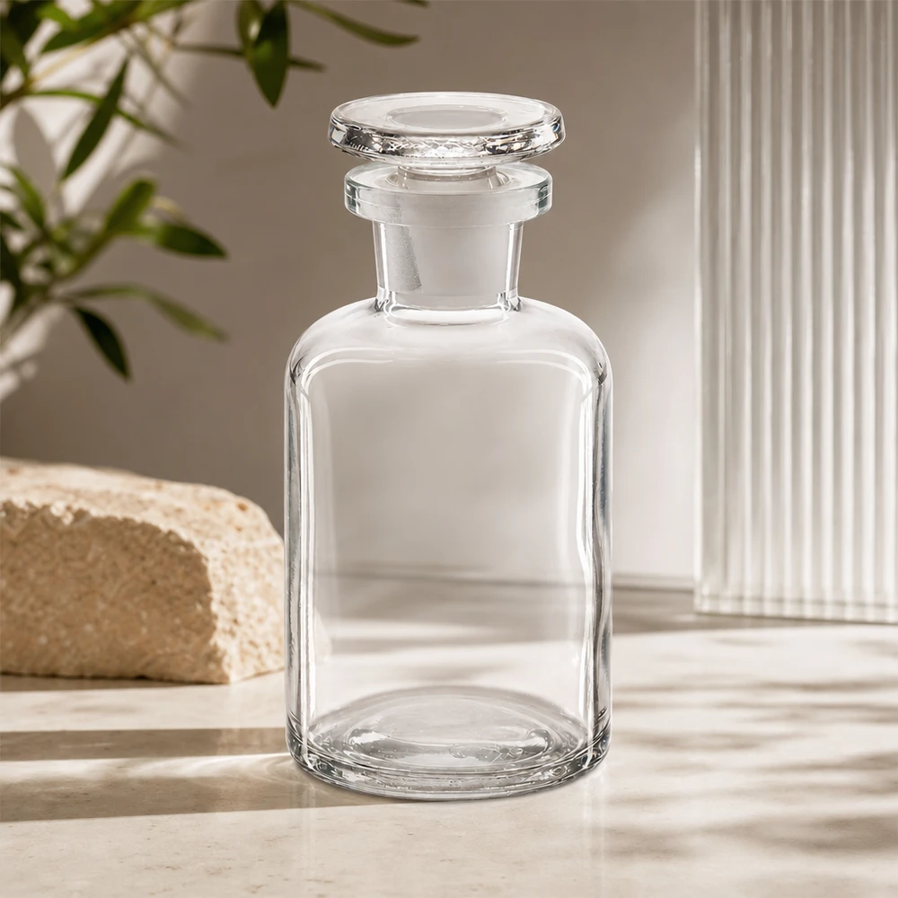 Okrągła butelka na ramię 50 ml, przezroczysta, szklana zatyczka z wąską szyjką Przezroczysta szklana butelka z wąską szyjką o pojemności 50 ml, z okrągłym szklanym korkiem i zaokrąglonymi ramionami