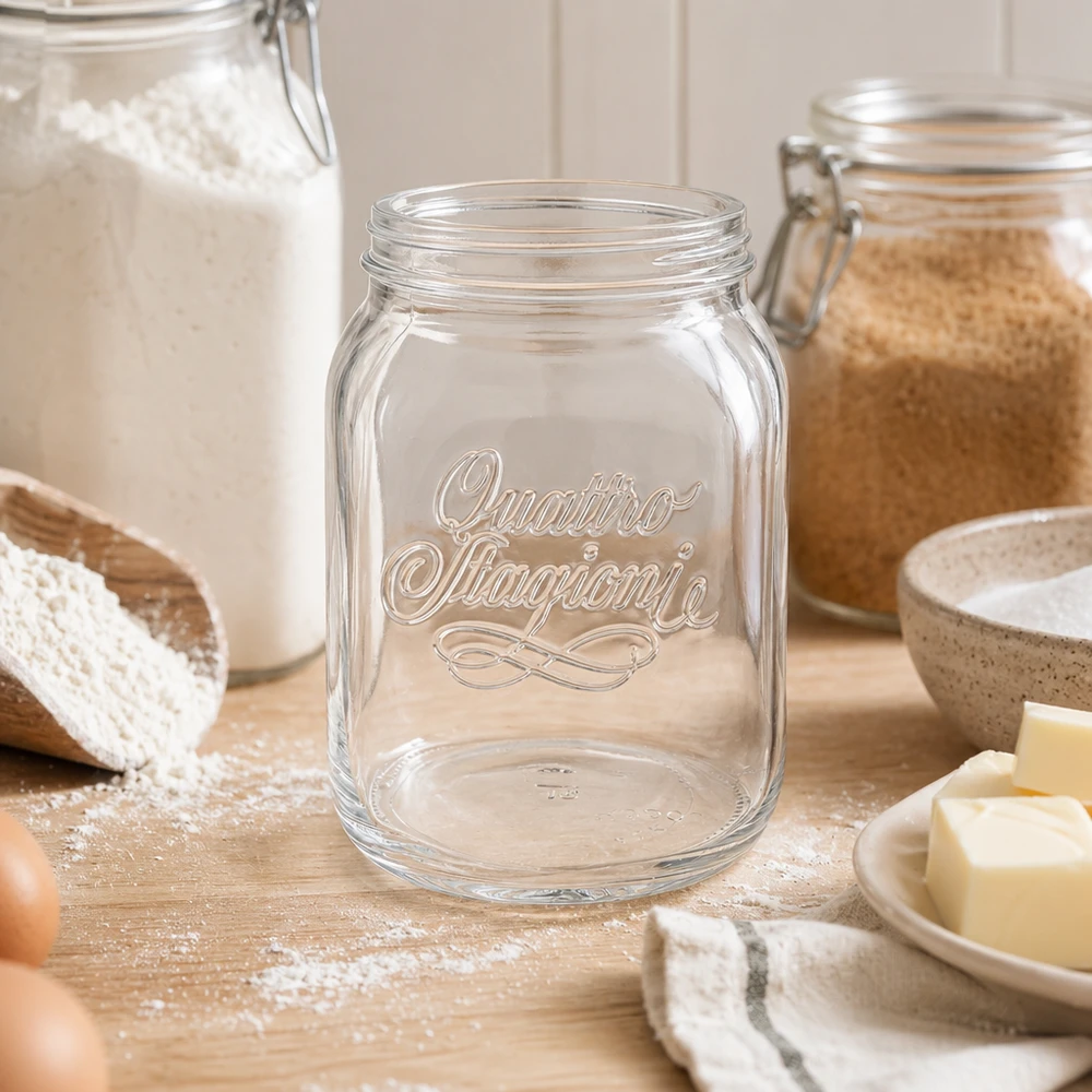 Szklanka do użytku domowego "Quattro Stagioni" o pojemności 2000 ml Quattro Stagioni 2000ml Vorratsglas in Küche mit Mehl und Küchenutensilien für stilvolle Lebensmittelaufbewahrung