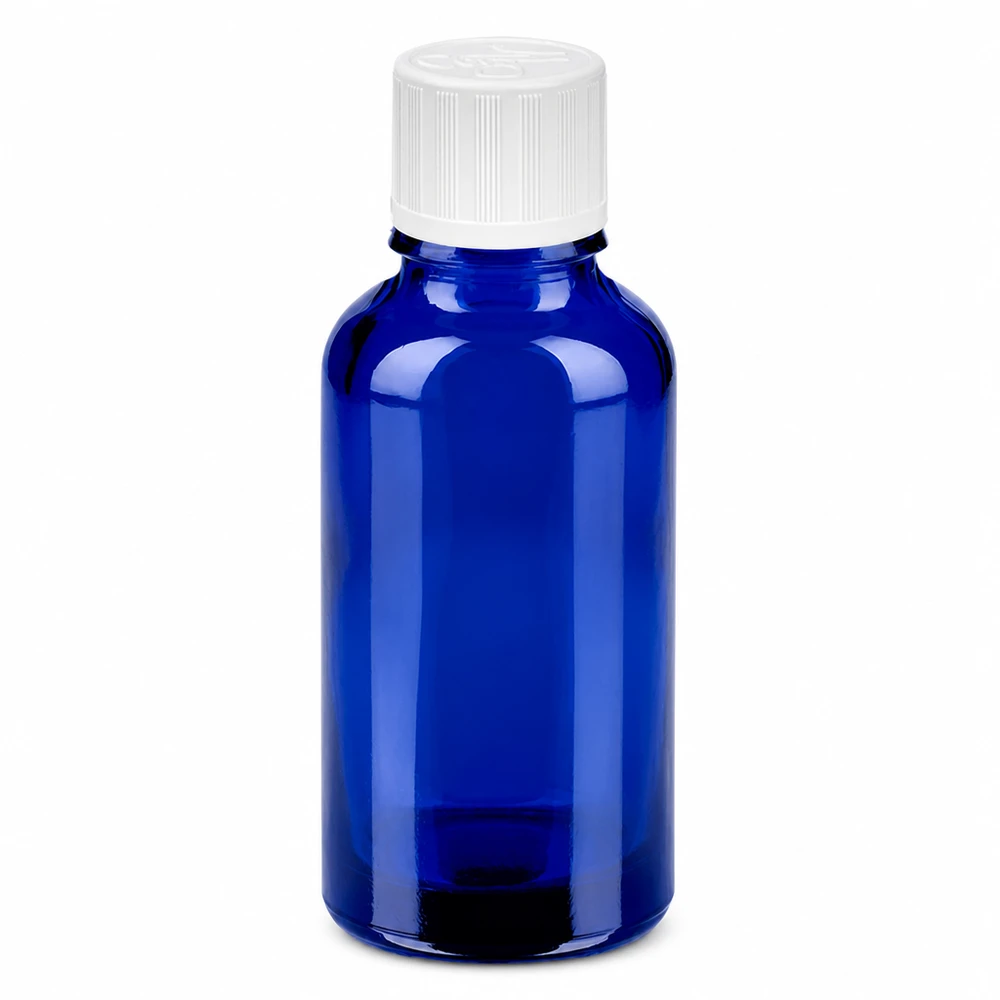30 ml niebieska szklana butelka z białą nakrętką na olejki eteryczne i kosmetyki