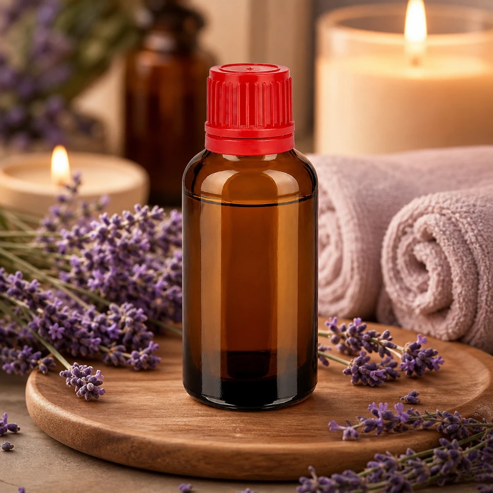 Wysokiej jakości szklana butelka 30 ml z ochroną UV i bezpieczną czerwoną zakrętką do kosmetyków naturalnych