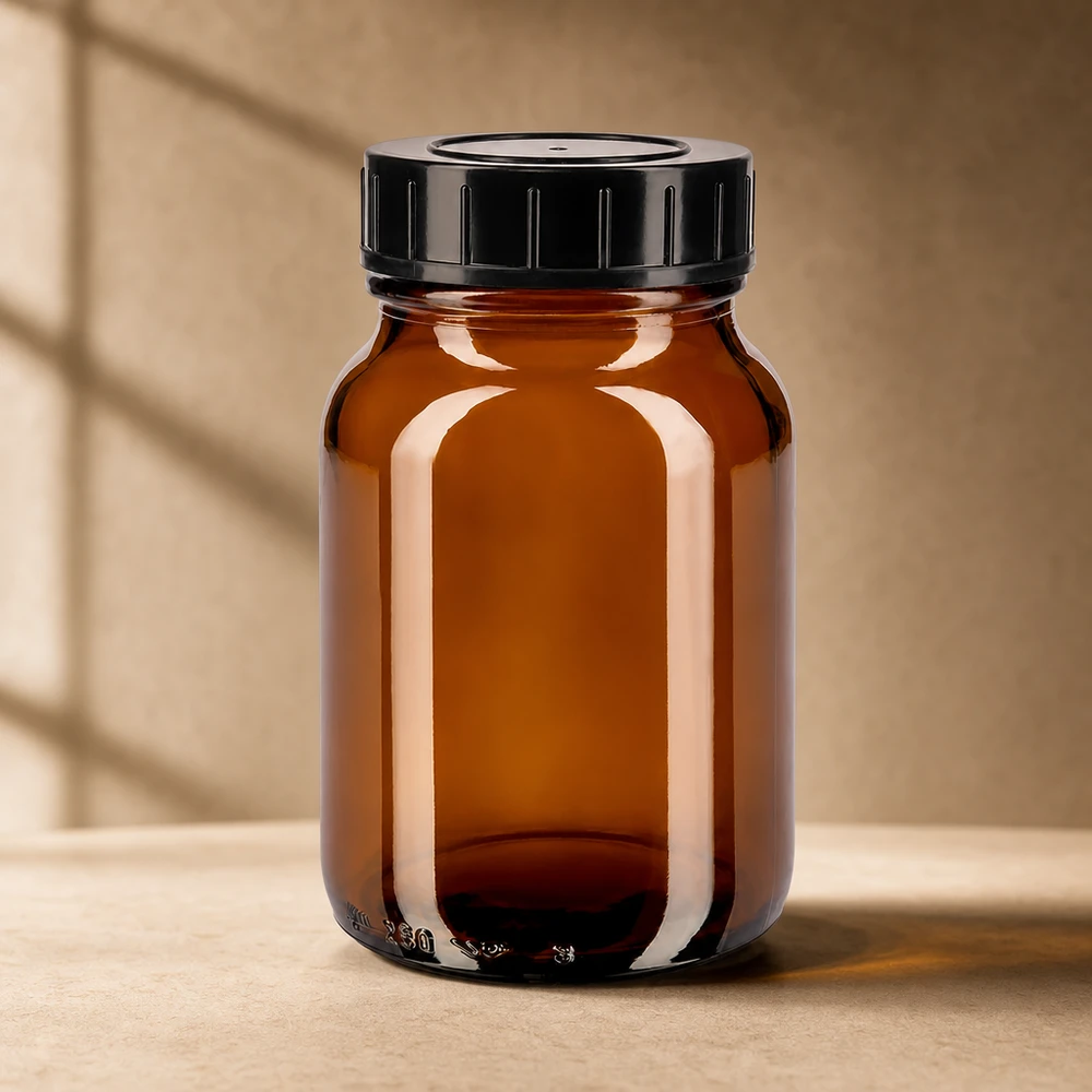 Butelka z szeroką szyjką o pojemności 250 ml z bursztynowego szkła z zakrętką Wysokiej jakości szklana butelka z szeroką szyjką 250 ml z zakrętką zabezpieczającą przed dziećmi do apteczki