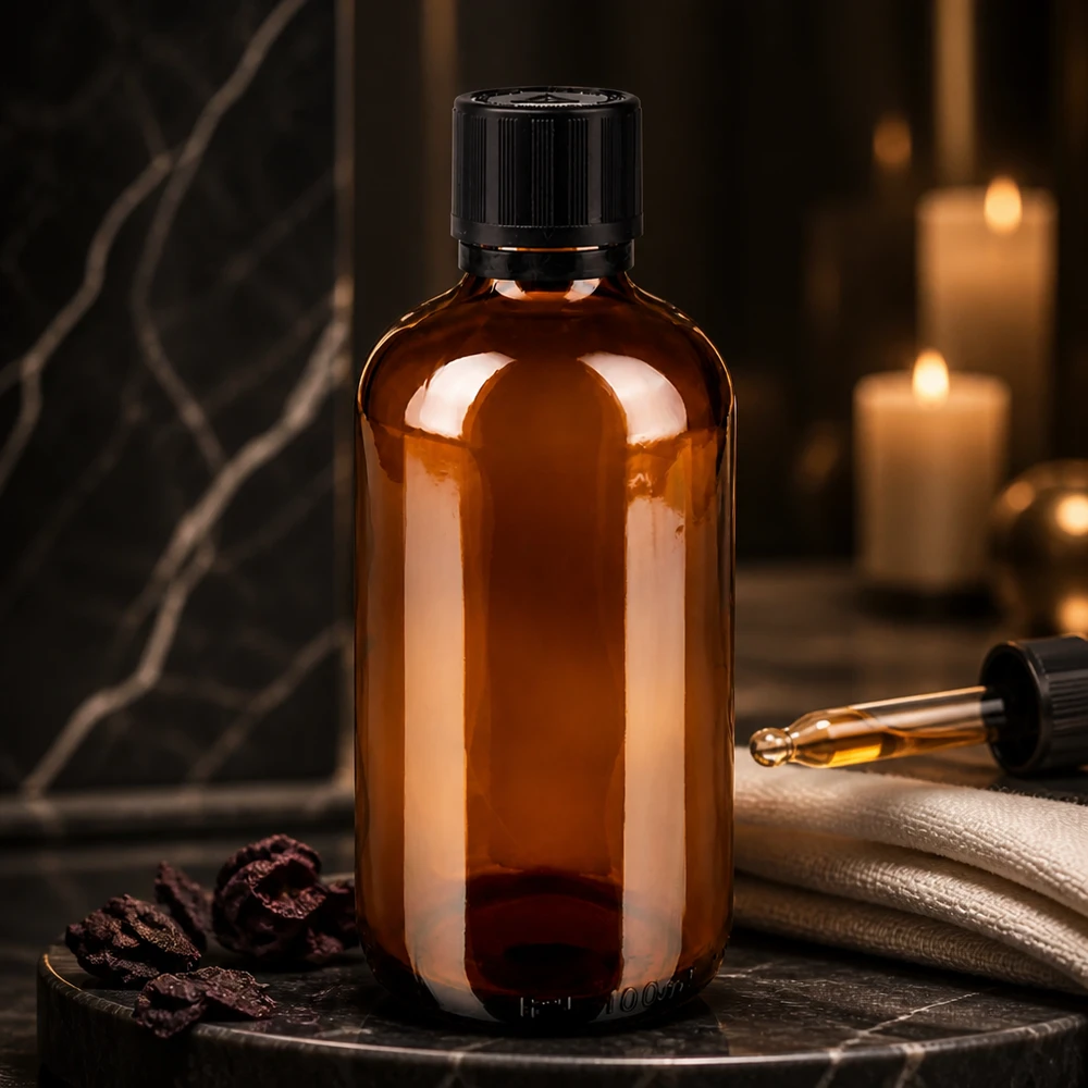 Apotfl. brown 100ml kroplówka v. Pr 1mm s. KiSi Bliw OV Butelka z brązowego szkła o pojemności 100 ml z czarnym zamknięciem zabezpieczającym przed otwarciem i zabezpieczeniem przed dziećmi na tle marmuru