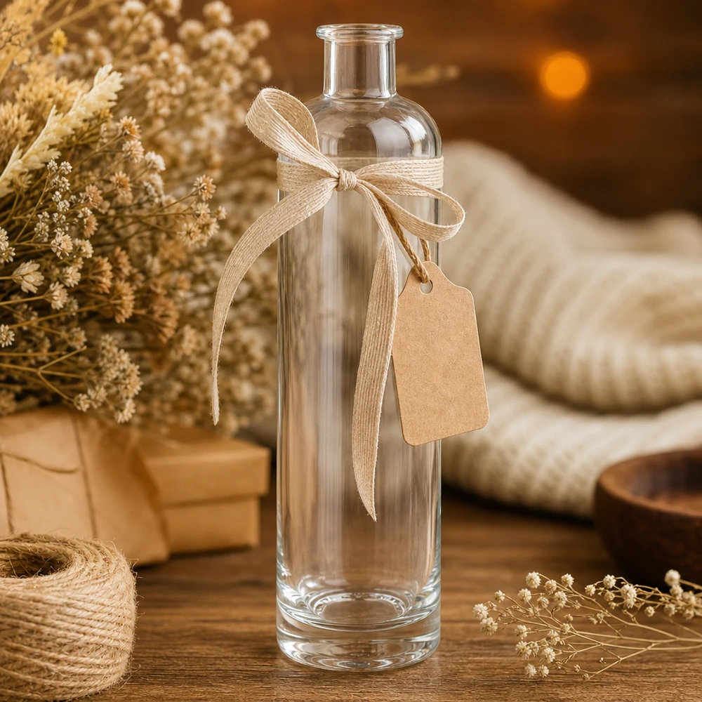 Szklana butelka Ella 500 ml bez zamknięcia UNiTWIST® 500 ml szklana butelka Ella UNiTWIST jako opakowanie prezentowe ozdobione kokardą i zawieszką w stylu rustykalnym