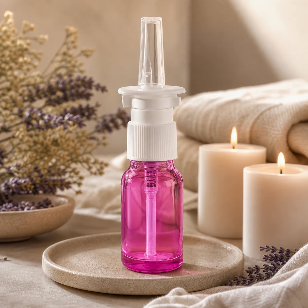 Butelka z rozpylaczem do nosa 10ml biała/przezroczysta standardowa PurpleLine. UT18/10 Butelka z aerozolem do nosa 10 ml z gwintem STD UT18/10 w kolorze fioletowym dla precyzyjnego dozowania
