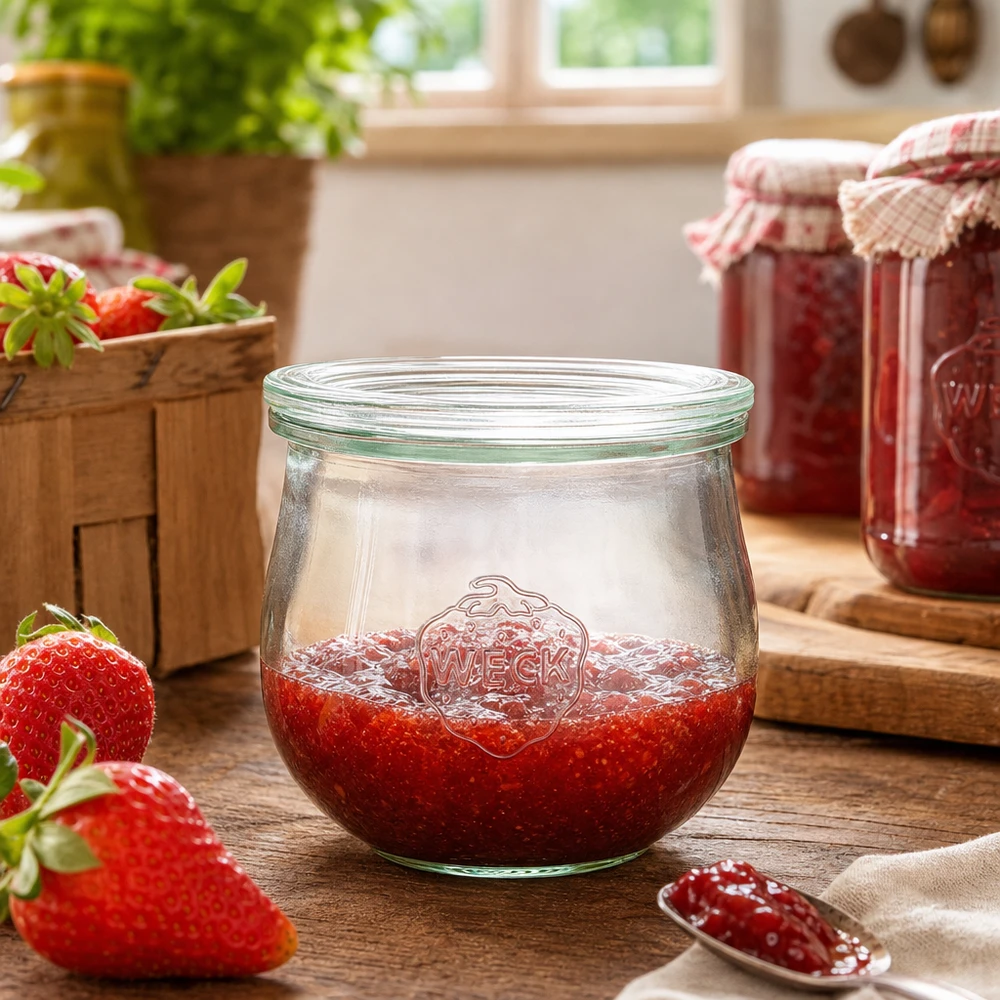 Słoik tulipan o pojemności 370 ml ze szklaną pokrywką WECK RR80 Słoik WECK tulipan 370ml RR80 wypełniony dżemem truskawkowym w rustykalnej kuchni obok świeżych truskawek i słoików na przetwory