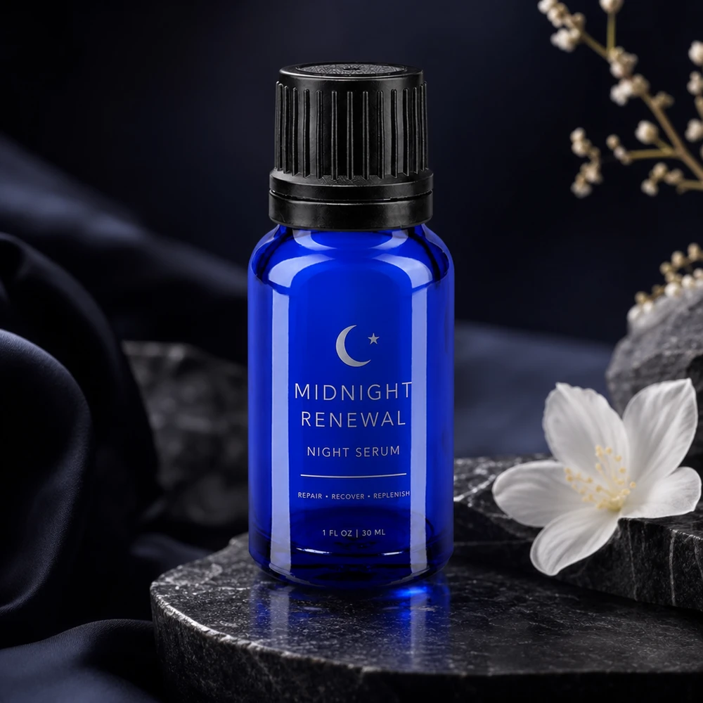 Ciemnoniebieska buteleczka na serum o pojemności 10 ml, wykonana ze szkła borokrzemowego, z czarnym, żebrowanym zakrętkiem