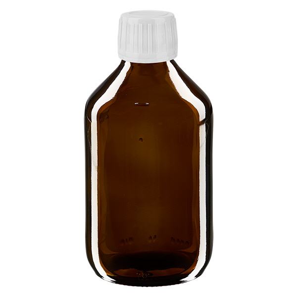 Butelka na lek 250 ml brązowa, zakrętka biała z pierścieniem zabezpieczającym ApoGlas. Farmaceutyczna jakość produkcji UE. Gwint 28 mm (PP28). (syrop, butelka z lekkiego szkła) Butelka na lek 250 ml brązowa, zakrętka biała z pierścieniem zabezpieczającym ApoGlas. Farmaceutyczna jakość produkcji UE. Gwint 28 mm (PP28). (syrop, butelka z lekkiego szkła)