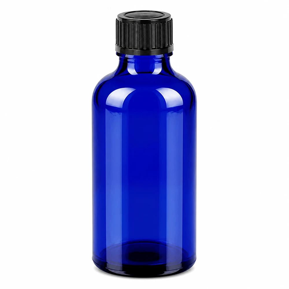 50 ml butelka 11 mm SV czarna OV BlueLine UT18/50 50 ml niebieska szklana butelka z czarną zakrętką do kosmetyków i farmaceutyków